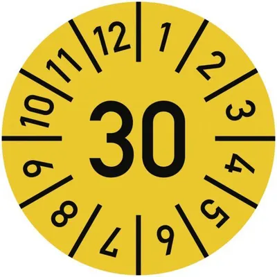 Produktbild von Dreifke® Prüfplakette Jahr 30 mit Monaten, gelb, Folie-Spezialkl., Ø 25 mm, 1...