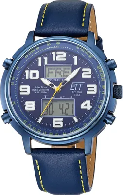 A close-up, studio shot of a blue analog-digital men's watch with a blue leather strap.