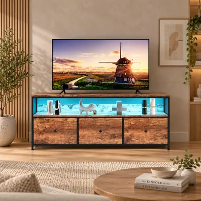 Produktbild von INONEFT Kleiner TV Schrank mit LED Beleuchtung, TV-Ständer mit 3 Stoffkommode, TV Lowboard für Wohnzimmer, Schlafzimmer, Flur 108x30x57 cm, Braun