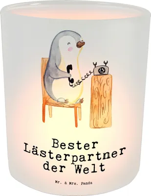 Produktbild von Mr. & Mrs. Panda Glas Teelichthalter Pinguin Bester Lästerpartner der Welt - Transparent - Geschenk, Windlicht, Beste Freundin, Geschenkidee, Milchglas, Spaß, Bff