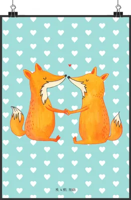 Produktbild von Mr. & Mrs. Panda Bild Füchse Liebe DIN A2 - Türkis Pastell - Geschenk, Wandbild, Fuchs, wanddeko, Deko, Kunstdruck, Verlobte, Freundin, Freund, drucke
