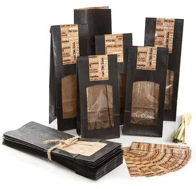Produktbild von Logbuch-Verlag 10 Blockbodenbeutel mit Sichtfenster schwarz 8,5 x 5 x 26,5 cm mit Aufkleber SELBSTGEMACHT - Verpackung Lebensmittel Tee25 Stück
