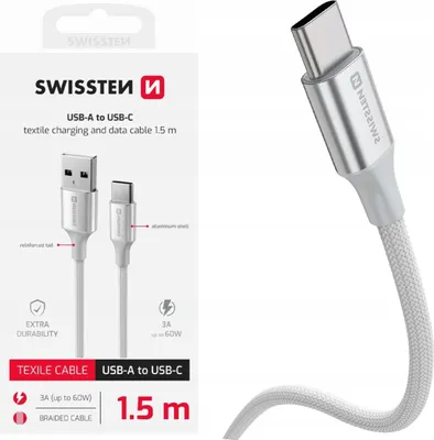 Productafbeelding van Swissten USB-kabel, USB-A naar USB-C, wit, 1,5 meter, gevlochten kabel, 3A, 60W