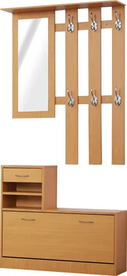 Produktbild von HOMCOM Eingangshalle mit Spiegelgarderobe und Schuhregal, 2-teiliges Flurm?bel mit 6 Hakenregalen und klappbarer Schublade fš¹r Flur, braunes Holz