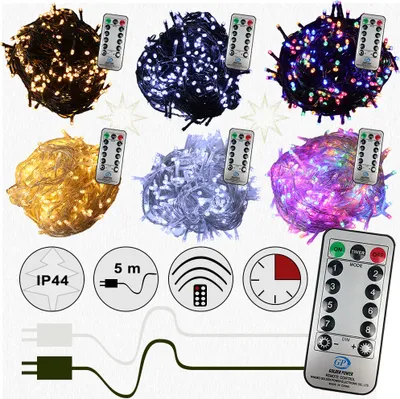 A collage of different colored LED light strings with remotes, and icons indicating product features.
