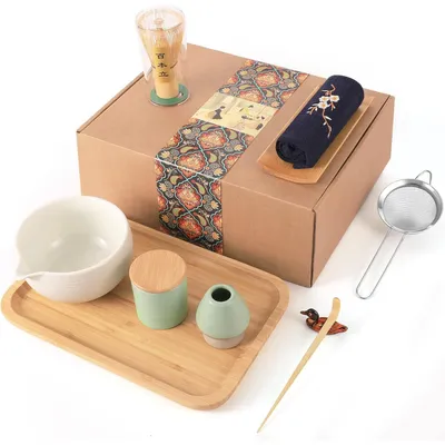 Productafbeelding van Matcha-theeset met kom, schenkkan, theetafel, garde, houder, doos, bamboe, keramiek, lichtbruin