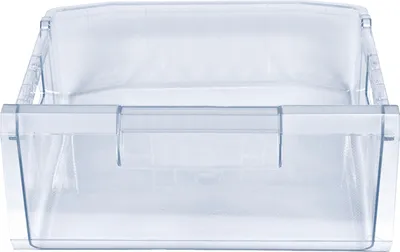 A clear, front-facing shot of a transparent plastic drawer, likely for a refrigerator or freezer.