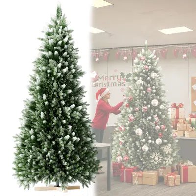 Productafbeelding van UISRBRT, kunstkerstboom van PVC/PE, 180 cm hoog, met witte spuitende lichtjes. Kunstboom inclusief houten voet. Kerstboom voor feestelijke decoratie