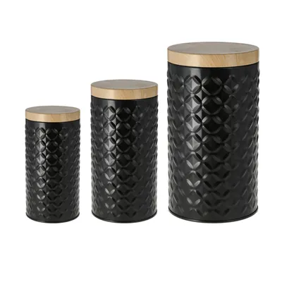Produktbild von 3er Set Metall Aufbewahrungsdosen mit Deckel in Holzoptik 0,25/0,5/1 l Vorratsdosen Vorratsbehälter Schwarz