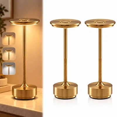 Produktbild von 2er Set Kabellose Dimmbare LED Akku Tischleuchten, Touch Tischlampen, 3 Lichtfarben, Nachttischlampen für Wohnzimmer Schlafzimmer, Gold