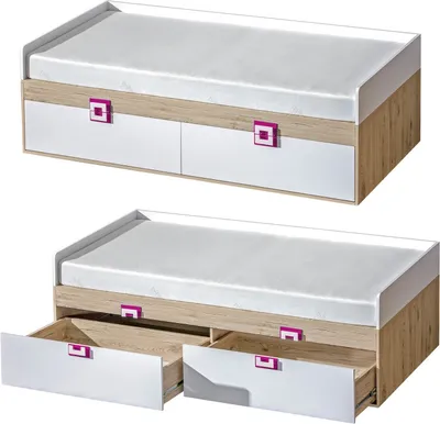 Produktbild von Furniture24 Bett NICO14, Kinderbett, Jugendbett mit 2 Schubkasten und Federkernmatratze 90 x 200 cm Hell Eiche/Weiß/Rosa