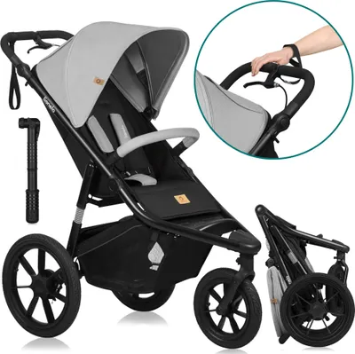 A three-wheeled jogging stroller is shown from a front-side angle, with a close-up inset of a hand on the handlebar and a smaller inset showing the stroller folded.