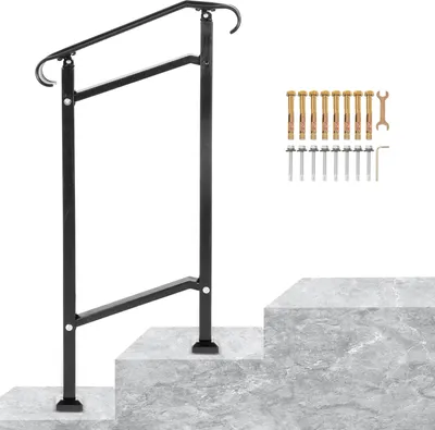 A black metal handrail is shown installed on concrete steps, with mounting hardware displayed separately.