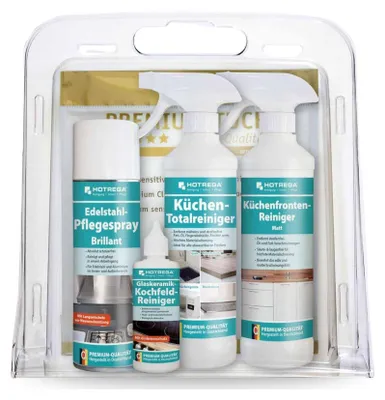 Produktbild von HOTREGA Küchenpflege-Set matt | Küchenfronten Reiniger, Edelstahl Pflegespray, Glaskeramikreiniger, Küchen-Totalreiniger + Premiumtuch sensitive