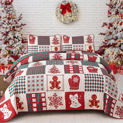 Image de Couvre-lit Couette de Noël Patchwork rouge - 240 x 260 cm - Set de 2 taies d'oreiller - Double face