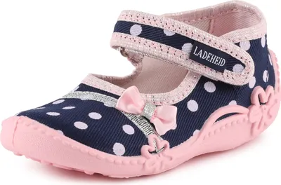 Produktbild von Ladeheid Mädchen Hausschuhe mit Klettverschluss und Einlegesohlen LAVI0001 (Marine/Punkte, 18 EU)