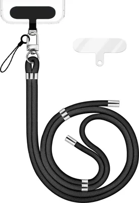Produktbild von HoldMe Edition - Lanyard mit Karabiner Silber & 2 Pads - Universal Handykette Nylon Umhänge Band - Schwarz