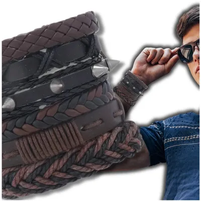 Produktbild von EDIBAZZAR | Set mit 6 verstellbaren braunen Lederarmbändern für Herren