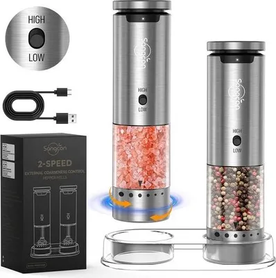 Produktbild von Sangcon Elektrisches Salz- und Pfeffermühlen-Set – USB-aufladbar – Edelstahl – 2er-Set