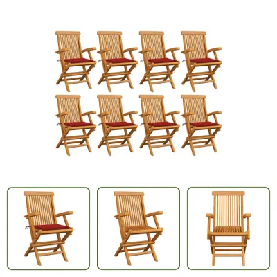 Produktbild von The Living Store Gartenstühle mit Roten Kissen 8 Stk. Massivholz Teak