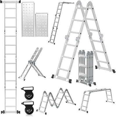 Imagen del producto de Escalera de aluminio de 4 escalones por 3 peldaños, de 360 cm, multifunción 7 en 1 con plataforma. Escalera con 2 plataformas de andamio. Escalera multifunción, escalera plegable de 12 escalones, color plateado