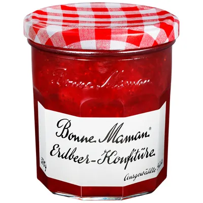 A jar of Bonne Maman strawberry jam with a red and white checkered lid.