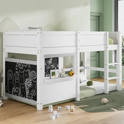 Immagine prodotto di Letto per bambini/ragazzi okwish, 90x200 cm, con rete a doghe e due sponde, verniciabile con spray, letto a castello in legno con protezione anticaduta e ripiano (senza materasso) - Bianco