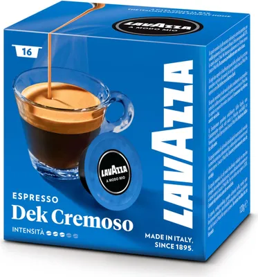 A box of Lavazza A Modo Mio Dek Cremoso espresso capsules.