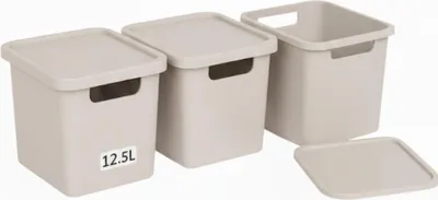 Produktbild von Plastard Boxen 12,5 L, 3er-Set, stapelbar, BPA-frei, Beige, mit Deckel
