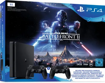 Produktbild von Sony Playstation 4 Slim 1 TB + 2 DualShock 4 Controller + Star Wars Battlefront II