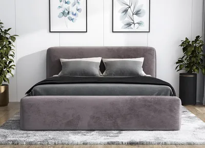 Produktbild von Polsterbett BLUM-OM 140x200 cm mit Bettkasten und Lattenrost. Farbe: Grau.