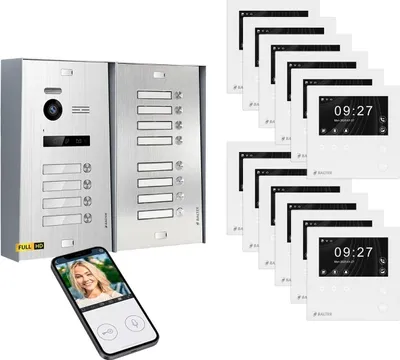 Produktbild von BALTER EVO HD Aufputz Video Türsprechanlage Silber 12x 4.3 Zoll Mini HD WiFi Monitor Weiß Set für 12 Familienhaus