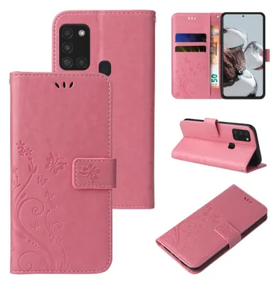 Produktbild von Handyhülle für Samsung Galaxy A21s Floral Blumen Schmetterling Flip Cover Hülle Case Klapphülle Handytasche Farbe: Rosegold