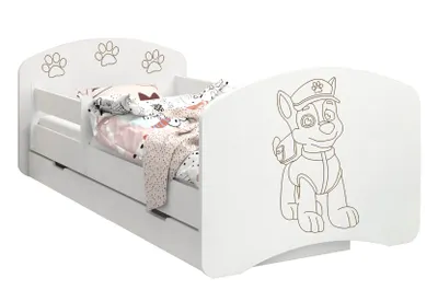 A child's bed with bedding and a protective rail, shown from a diagonal angle against a white background.