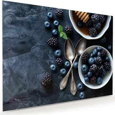 Produktbild von Glasbild 120x90cm in XXL für Wohnzimmer, Schlafzimmer Motiv Blaubeeren Stillleben