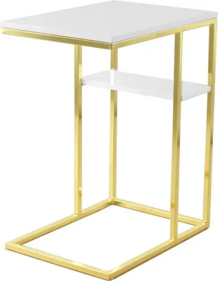 Produktbild von Qiyano Beistelltisch in C-Form rechteckig modern elegant schlicht Glas Edelstahl Wohnzimmer Couch Schlafzimmer Vorraum Pflanzentisch Ablage Deko Höhe: 62 cm Farbe: Weiß / Gold