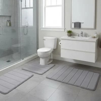 Image de Ensemble de trois tapis de bain, très absorbants, dimensions : 40x60 cm + 50x60 cm + 50x80 cm, pour salle de bain