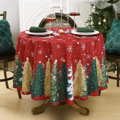 Produktbild von Unyqoos® Runde Weihnachtstischdecke 160 cm – Rot mit goldenen Schneeflocken & Tannenbäumen, Polyester