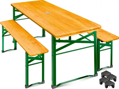 A three-piece beer garden set consisting of a table and two benches, with four small black stools in the foreground.