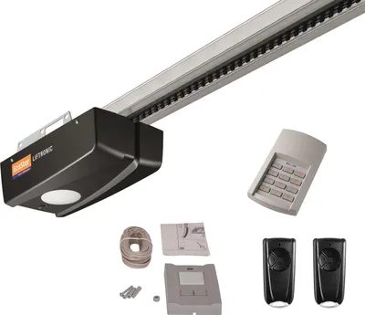 A garage door opener system and its accessories are displayed against a white background.