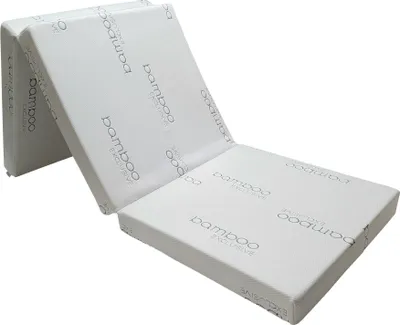 A folded mattress is shown against a white background.