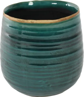 A teal ceramic pot with a textured, ribbed exterior and a natural brown rim.