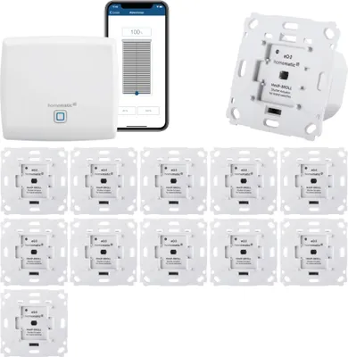 Produktbild von Homematic IP Rolladensteuerung für 12 Rolladen. Smart Home Set mit App zur Automatisierung der Rolläden. Ideal zur Nachrüstung. Alexa kompatibel. Inhalt: Access Point, 12 Funk Rolladenaktoren, Adapter.