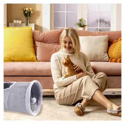 Produktbild von Katzentunnel 20x10 Zoll Flauschiger Katzen -Tunnel -Bett faltbares graues Hideaway mit hängenden Ball, knackigem Papier und interaktiven unterhaltsamen Tunneln für Innenkatzen, Kätzchenspiel