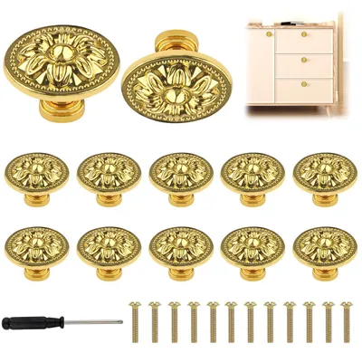 Produktbild von 12 Vintage-Möbelgriffe, 30 mm runde Möbelknöpfe mit Schrauben und Schraubendreher, Schrankknöpfe mit Blumenmuster - zur Verwendung an Schränken, Kleiderschränken, Möbelgriffen und anderen Beschlägen (goldfarben)