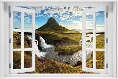 Produktbild von Wallario Wandbild mit Fenster-Illusion: Island Panorama Fluss  Berge und blauer Himmel, Größe: 61 x 91,5 cm, Poster mit weißem Aluminiumrahmen