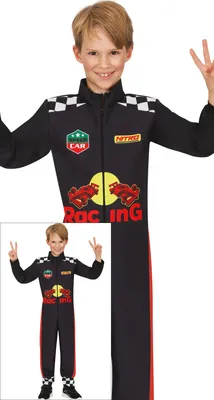 Produktbild von Rennfahrer Abenteueranzug Karneval Auto Outfit Checker Muster Geschwindigkeit, Größe: 128/134 Farbe: Blau