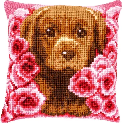 Produktbild von Vervaco Kreuzstichkissen "Hündchen zwischen Rosen", Stickbild vorgezeichnet, 40x40cm