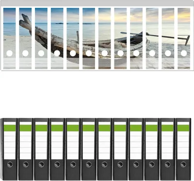Produktbild von Wallario 12 Stück breite Ordner inkl. Klebeetiketten mit Motive Fischerboot am Strand mit Sonnenuntergang -  Set mit Rückenschildern / Ordnerrücken Stickern