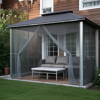 Produktbild von 2er Set Außen Vorhang Voile Stangentasche Moskitonetz Fliegengitter Insektenschutz Gardinen für Pavillon Terrasse Hof Garten, B160xH213cm, Grau